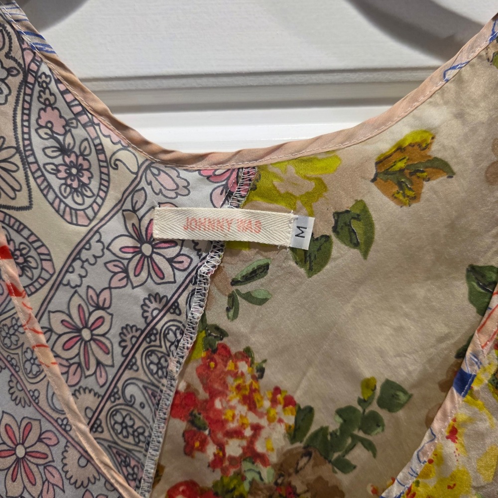 Johnny Was Boho Patchwork Silk Tunic Paisley Floral Slip Layering Pastel Sz M - Picture 4 of 9